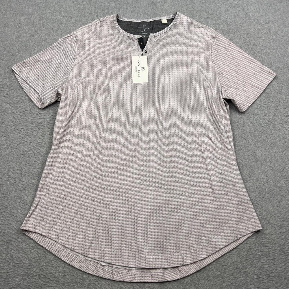 NEW CON.STRUCT Henley Shirt Mens L Taupe Abstract Short Sleeve Stretch Quick Dry